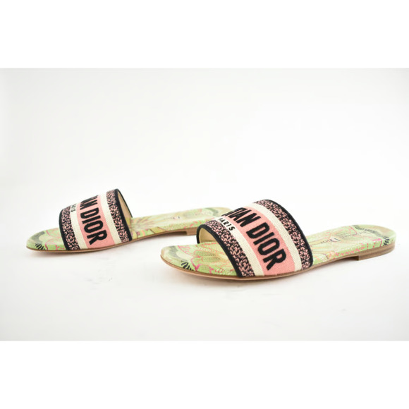 Christian Dior In Lights Dway Green Pink Embroidered Logo Slide Flat Sandal 35 - Picture 10 of 12